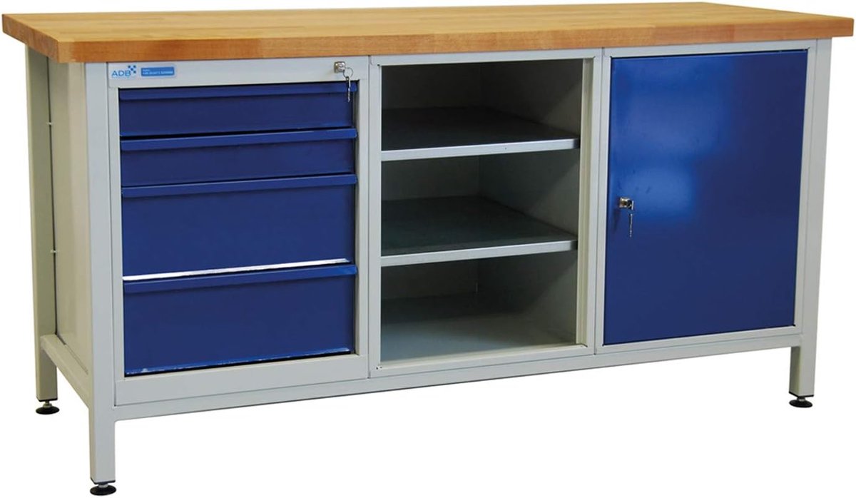 SnelShoppen - ADB Werkbank, Werktafel, Werktafel, Gereedschapstafel 1700x600x840 mm, met 1 Deur + 4 Laden, Lichtgrijs, Gentiaanblauw, Workshop Meubila
