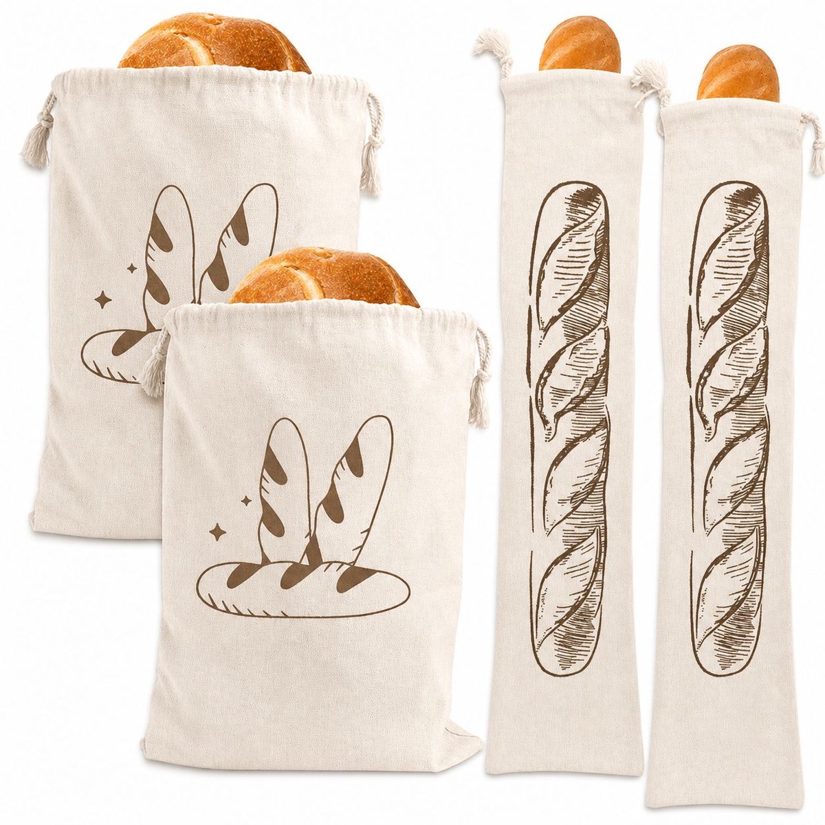 VHV-Broodopbergtassen Set - Set van 4 Stuks - Vierkante (30x40 cm) en Rechthoekige (64x14.5 cm) Broodzak en Broodtrommel Tas voor Brood, Keuken en Voedselopslag - Kaki