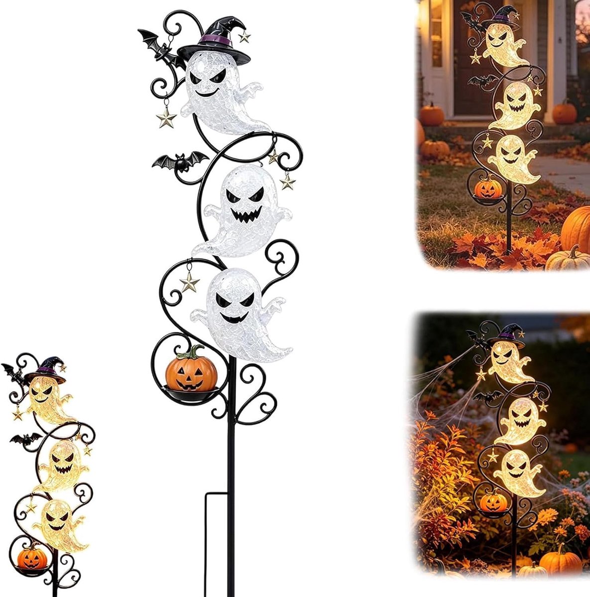 Solar Halloween Spook & Pompoen Tuinpaallicht - Waterdichte Buitenverlichting - voor Terras, Tuin, Gazon, Pad - Eenvoudig te Installeren - 1 Stuk