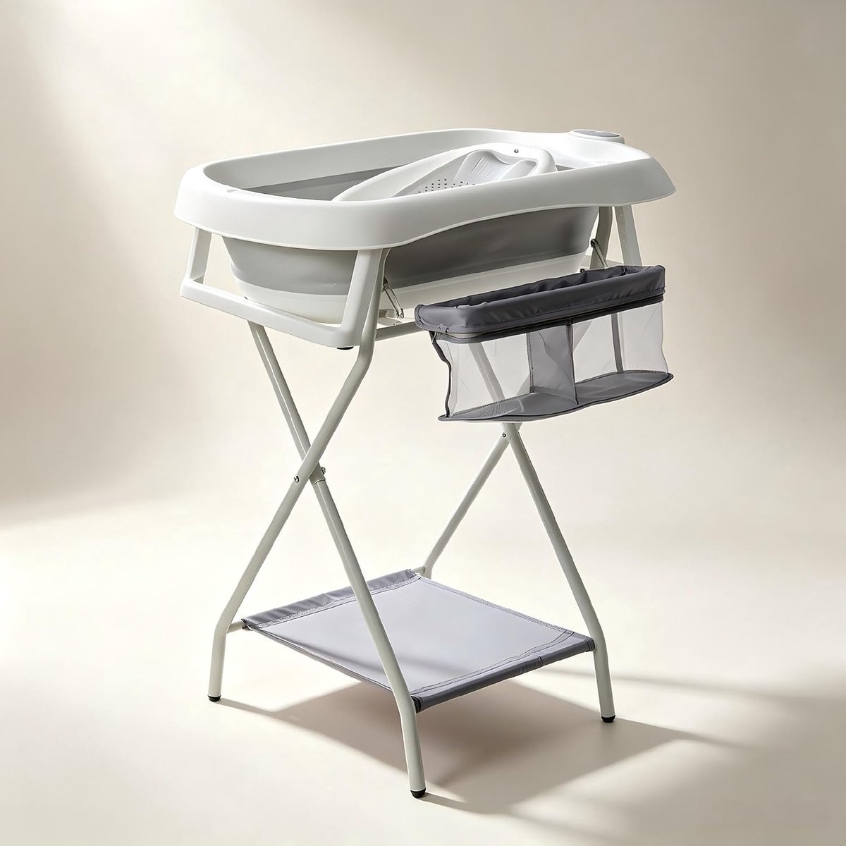 babykuip met frame 80 cm, opvouwbare design, thermometer, badmat, veilig standaard, voor pasgeborenen (grijs met badrek)