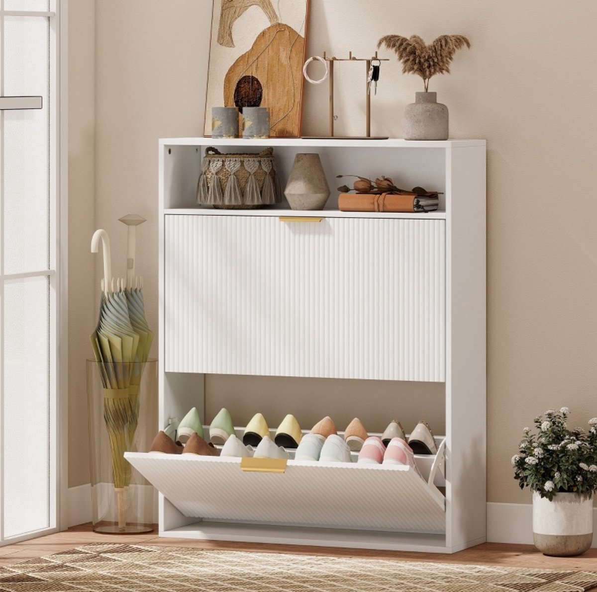 MIVRAY Schoenenkast Met 2 Klapvakken En Open Plank - Smal Design Voor Hal En Entree - Wit - Spaanplaat En MDF - 80 X 24 X 102,5 Cm