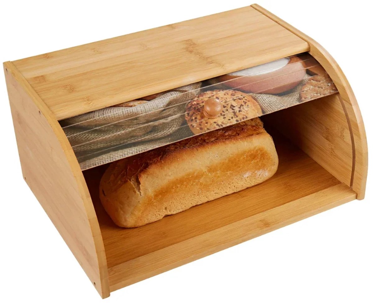 Broodtrommel van bamboe met roldeksel en broodselectiemotief - 38 x 28 x 18 cm