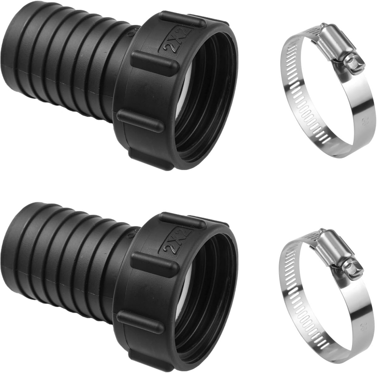 2 Stuks IBC Tankadapter S60x6 (60 mm) Naar Slangpilaar | Binnendraad Naar Sproeier 50 mm met PVC Afdichtingen en Rvs Klemmen, Tankslangadapter IBC voor Een Breed Scala Aan Leidingen