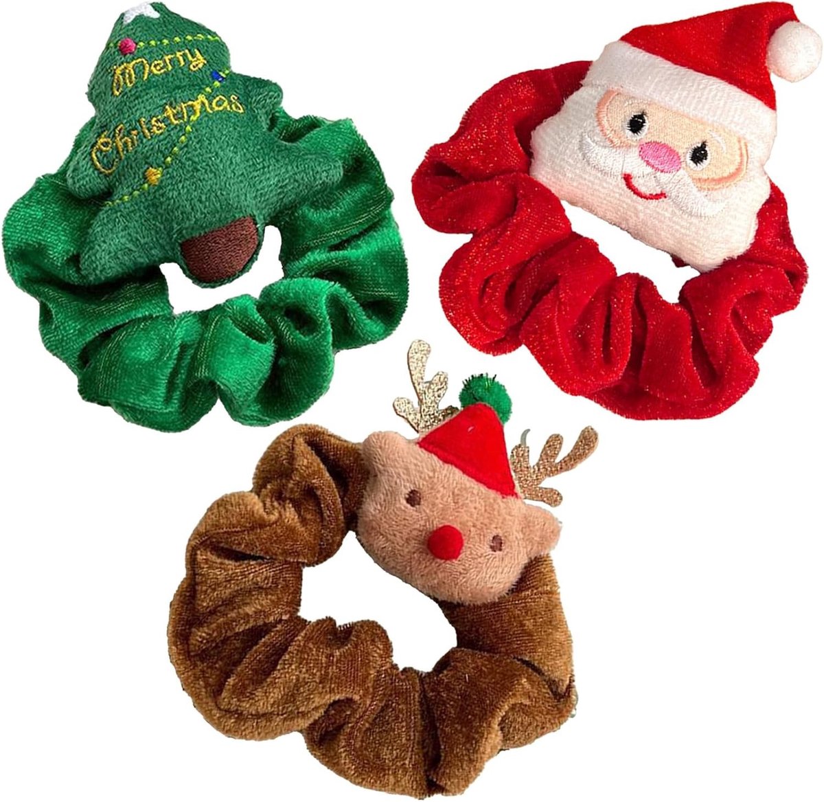 Kerst Haarelastiekjes - Scrunchies Fluweel - Feestdagen Accessoires - Zacht voor het Haar - 3 Stuks Set - Meerdere Kerstkleuren