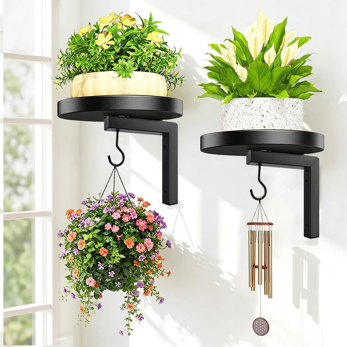 2 stuks plantenrek met haken, metaal, zwart, binnen | Belastbaar tot 11 kg, roestvrij gepoedercoat metaal, ruimtebesparend design, inclusief bevestigingsaccessoires