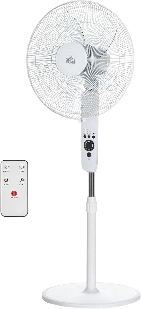 Ventilator met Afstandsbediening - Staande Ventilator - Kamertemperatuur Regelen - Verstelbare Hoogte en Hoek - H 110-124 cm - Wit