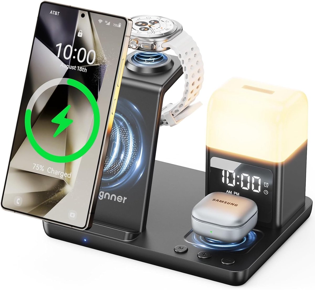 6-in-1 Draadloos Oplaadstation met Alarmklok en 3 Kleuren Licht, Snellader voor Smartphones en Smartwatches, 15W Snelladen voor Galaxy S25 S24 Z Fold6 Flip Note Galaxy Watch Ultra/6/5 Pro
