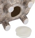 Spaarpot met schors-look en opening aan de onderkant met losse dop.