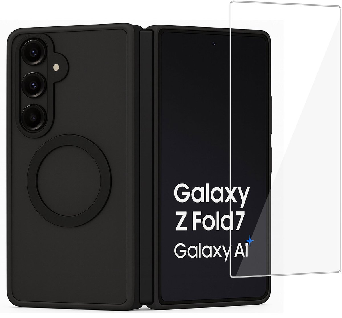 Hoesje + Screenprotector geschikt voor Samsung Galaxy Z Fold 8 Ultra / Fold 7 Hoesje - Portemonnee Hoesje geschikt voor MagSafe - Magnetisch - Gehard Glas - Zwart