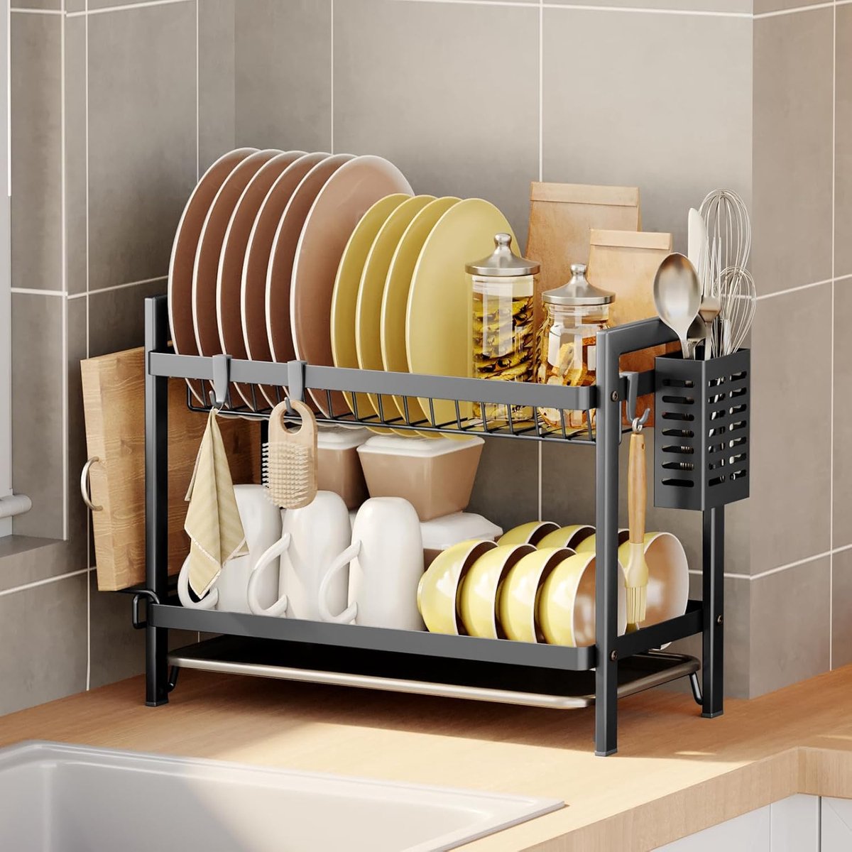 Afdruiprek met 2 niveaus met lekbak, metalen droogrek met gebruiksvoorwerpenhouder en snijplankhouder, gootsteenafvoer voor keuken (zwart, 2 niveaus)