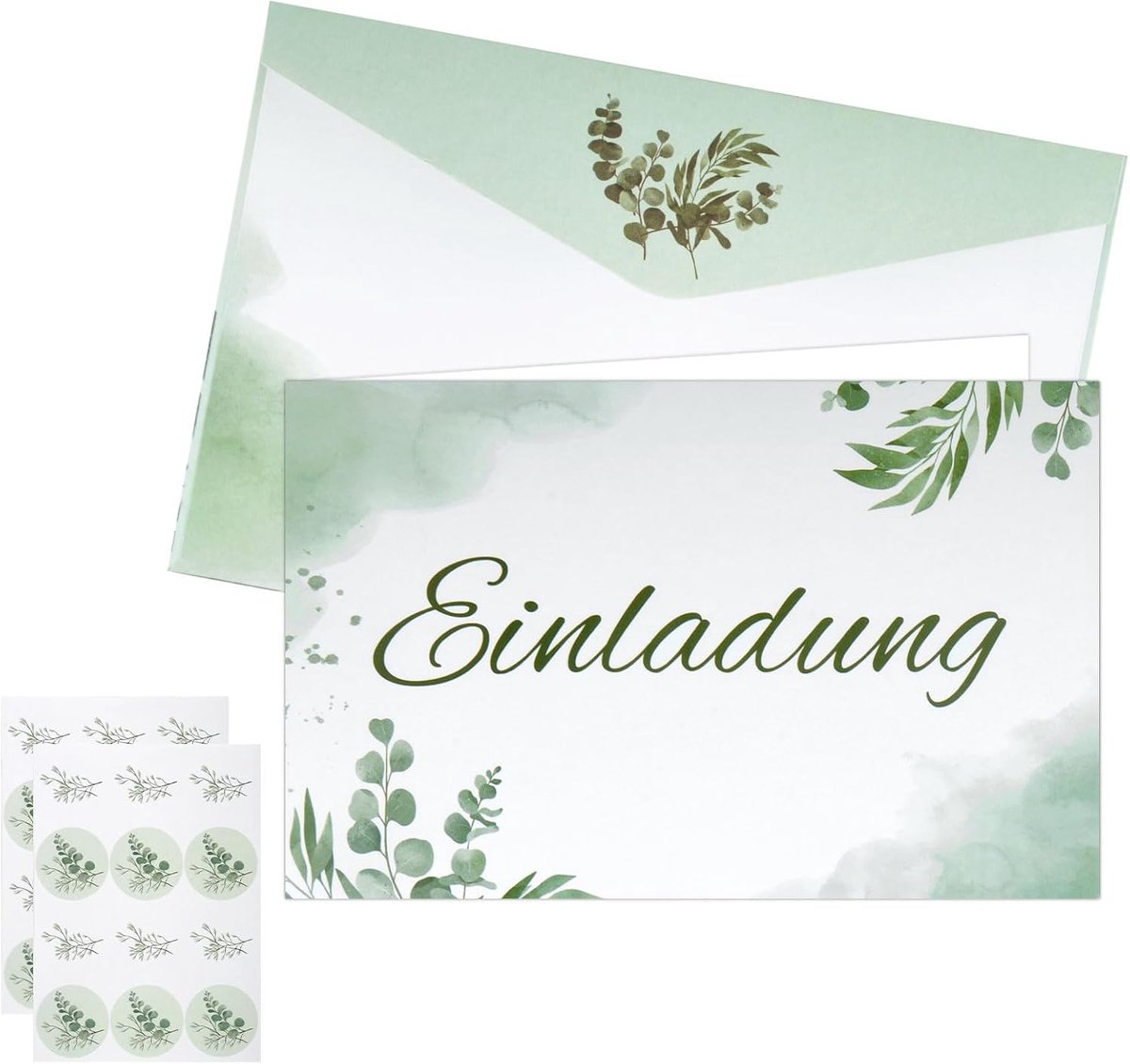 15 eucalyptus uitnodigingskaarten met enveloppen en stickers voor