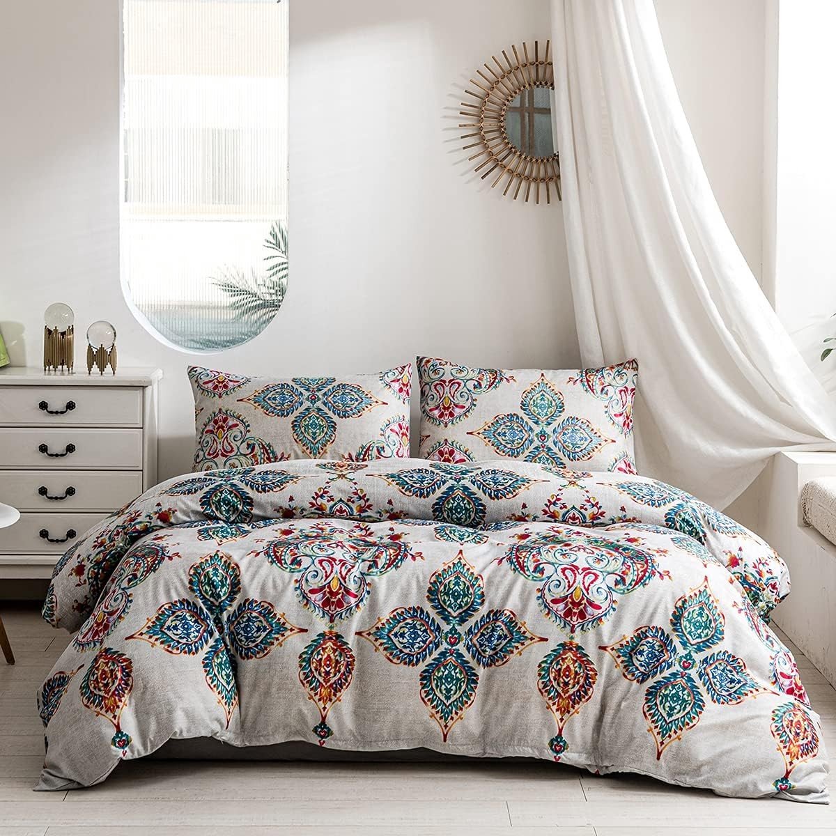 Bohemian Bedlinnen Set 200 x 200 cm in Turquoise, Mandala Dekbedovertrek met Verborgen Rits en 2 Kussenslopen 80 x 80 cm, Zacht Microvezel Dekbedovertrek Set voor Boho Slaapkamer Decor