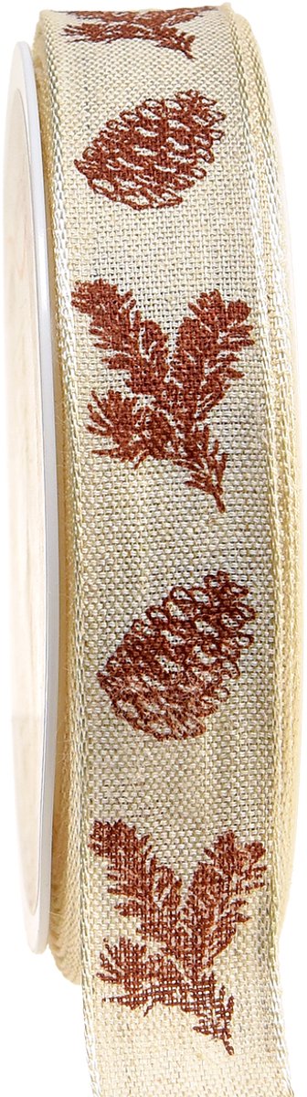 Decoratieve lintkegels met draadrand crèmebruin B25mm L18m