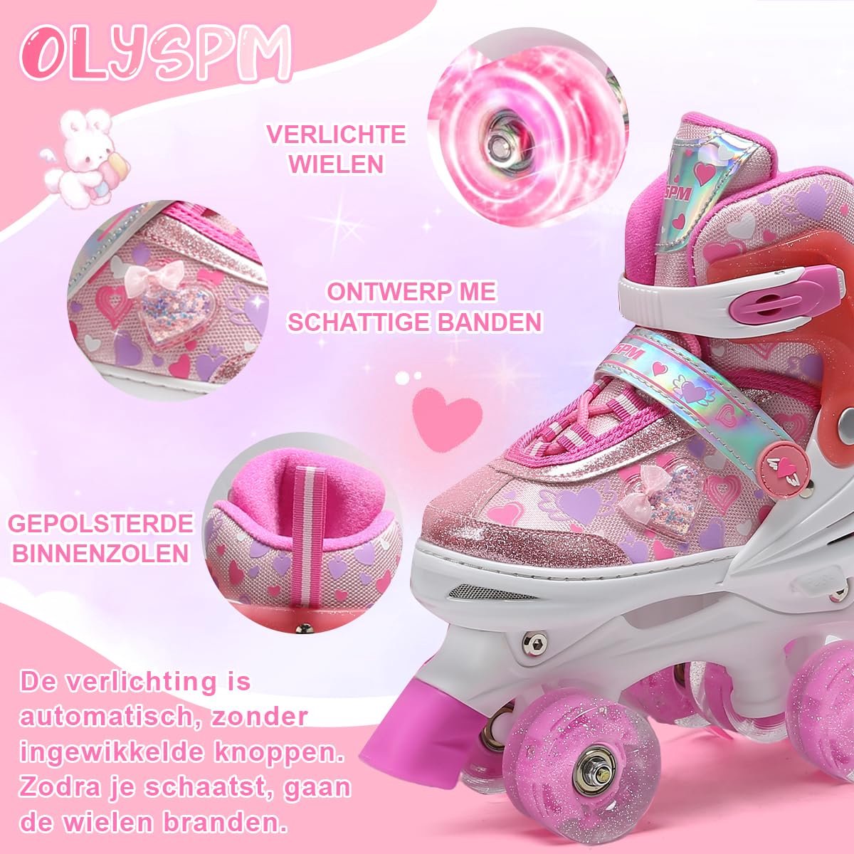 SnelShoppen - Kinderrolschaatsen voor meisjes met dromerige harten en lichtgevende wielen, verstelbare quad-skates in roze, 4 maten voor beginners, pe