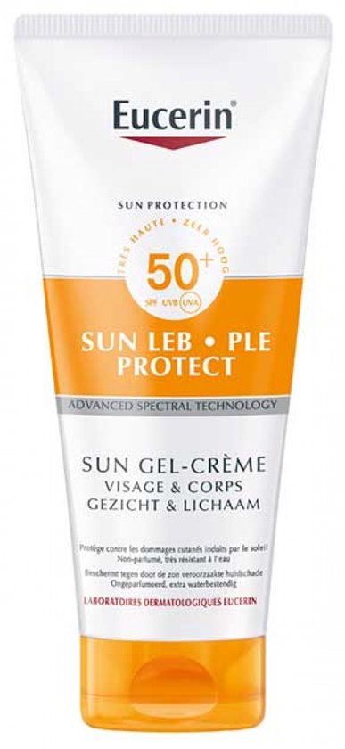 Witte tube Eucerin Sun Gel-Crème met oranje dop. Zon bescherming SPF 50+.