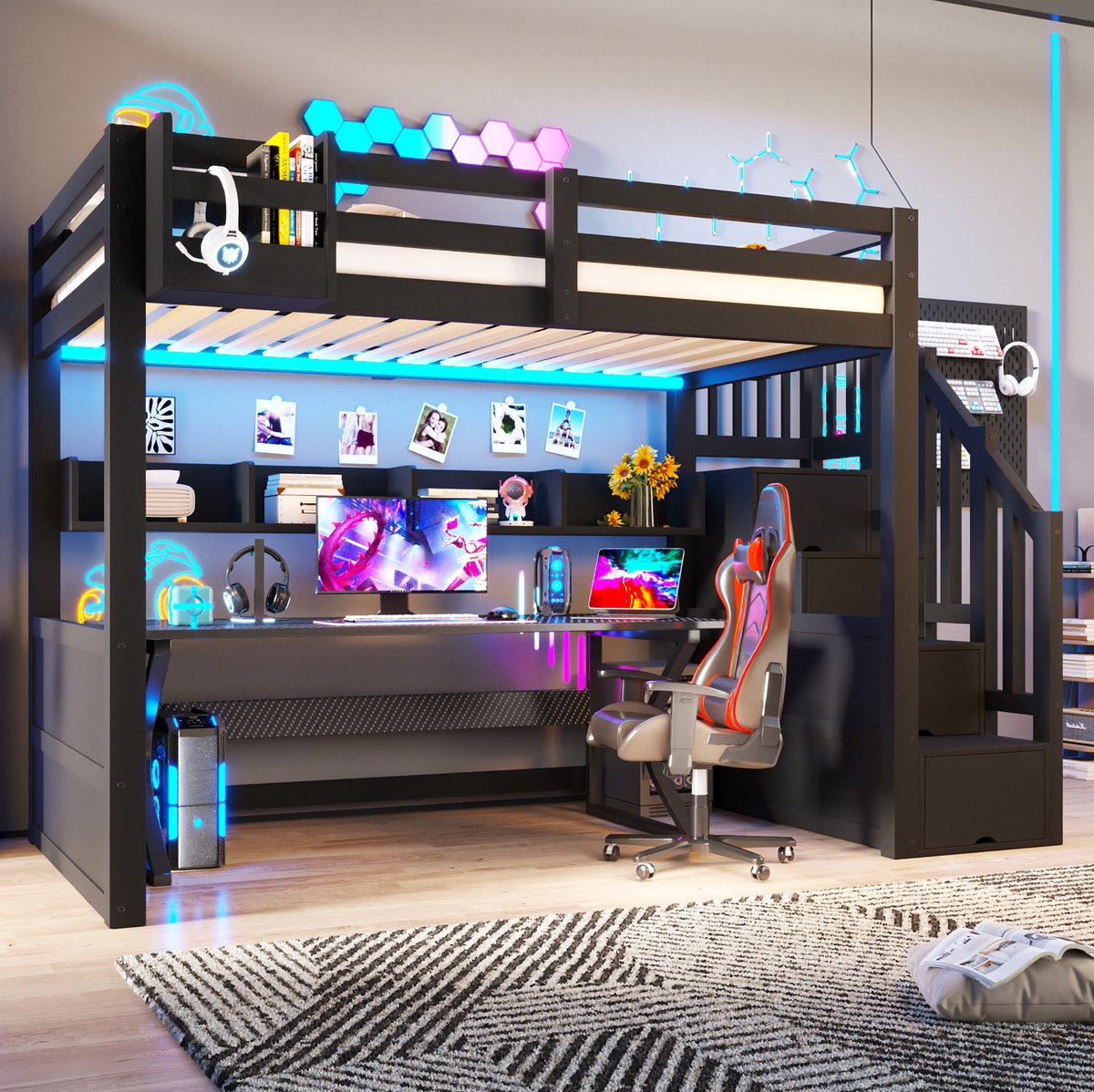Hoogslaper 90x200cm Zonder Matras - Houten Bed Met Opbergruimte En LED Verlichting - Trap Met Kastjes - Voor Kinderkamer - Hout - Zwart