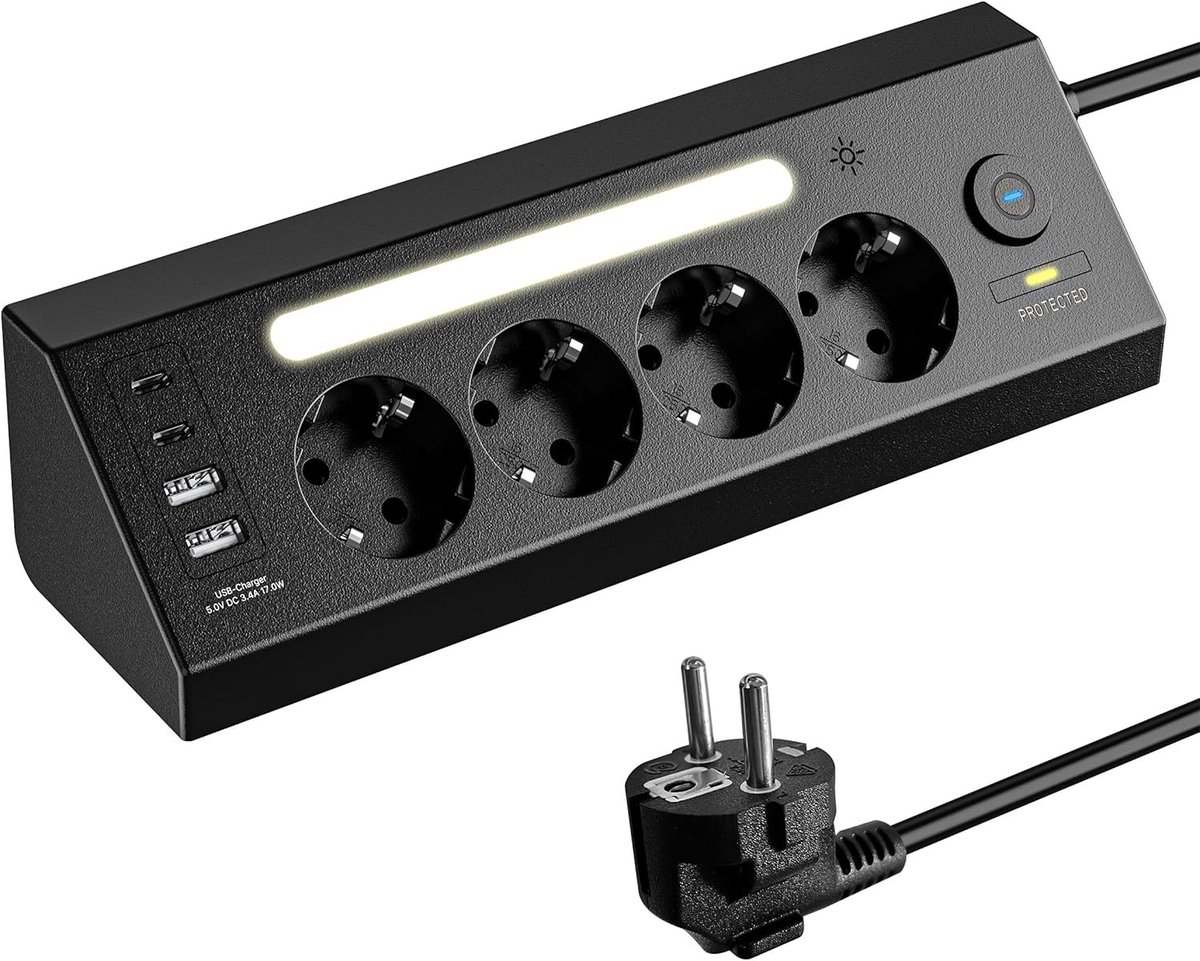 Hoekstekkerdoos - Zwart - 90° - Met 4 Stopcontacten, 2 USB en 2 Type-C - Voor Keuken en Kantoor