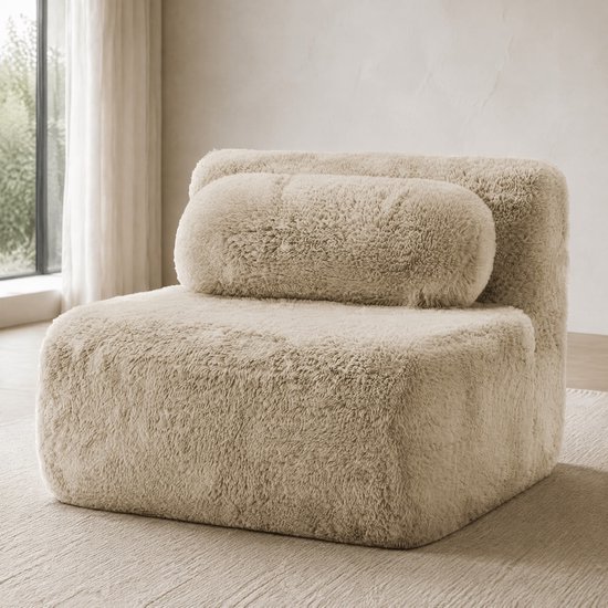 MEUNIQ 1-zits armloze zitbank van pluche stof, frameloos modulair sofa met kussen, 102 x 104 x 73 cm, woonkamer, licht kaki