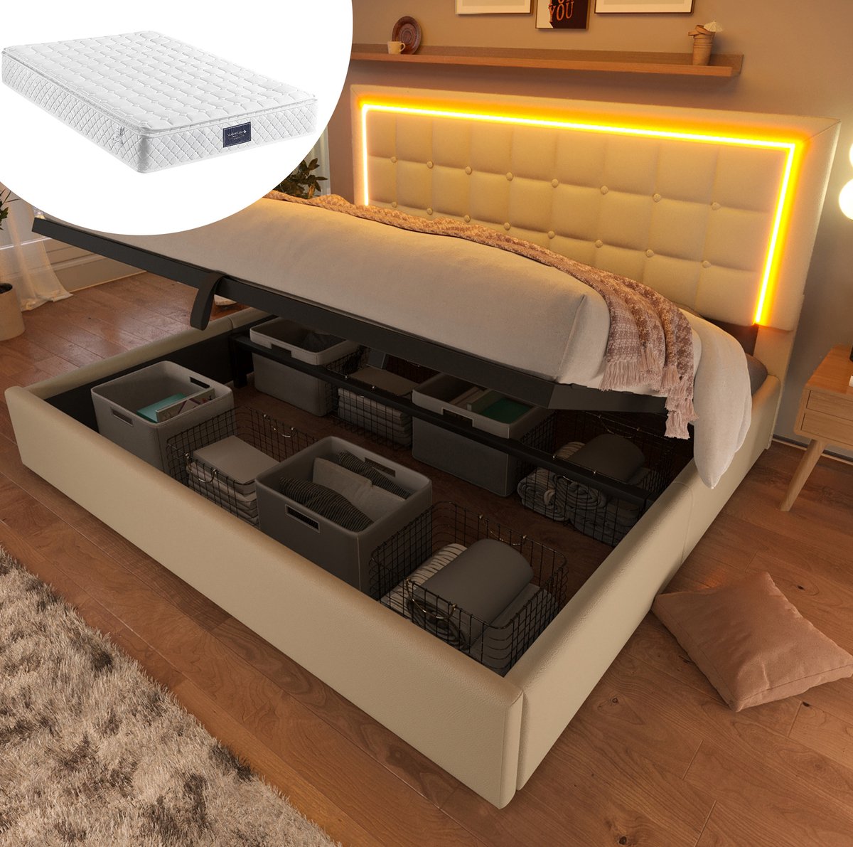 MIVRAY Bed 140x200cm Met Matras - Tweepersoonsbed Met Ledverlichting En Opbergruimte - Kunstleer - Wit