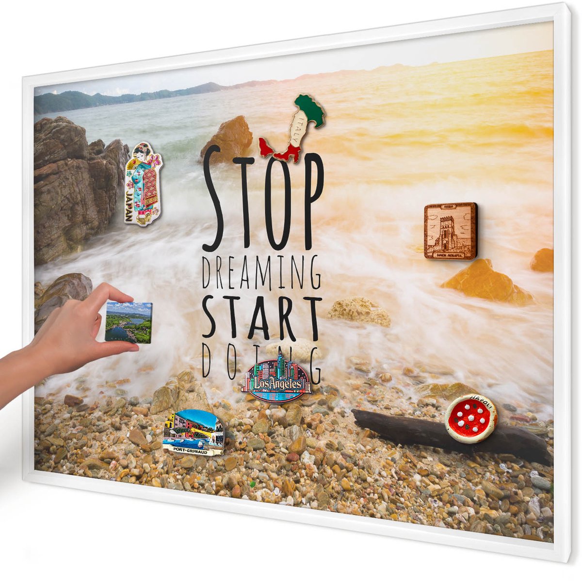Artprintcave Beige Magneetbord mit Witte Lijst - 100x70 cm - Kustthema Magnetische Organizer - Fotografisch Magneet Bord mit Frame - Landschappen