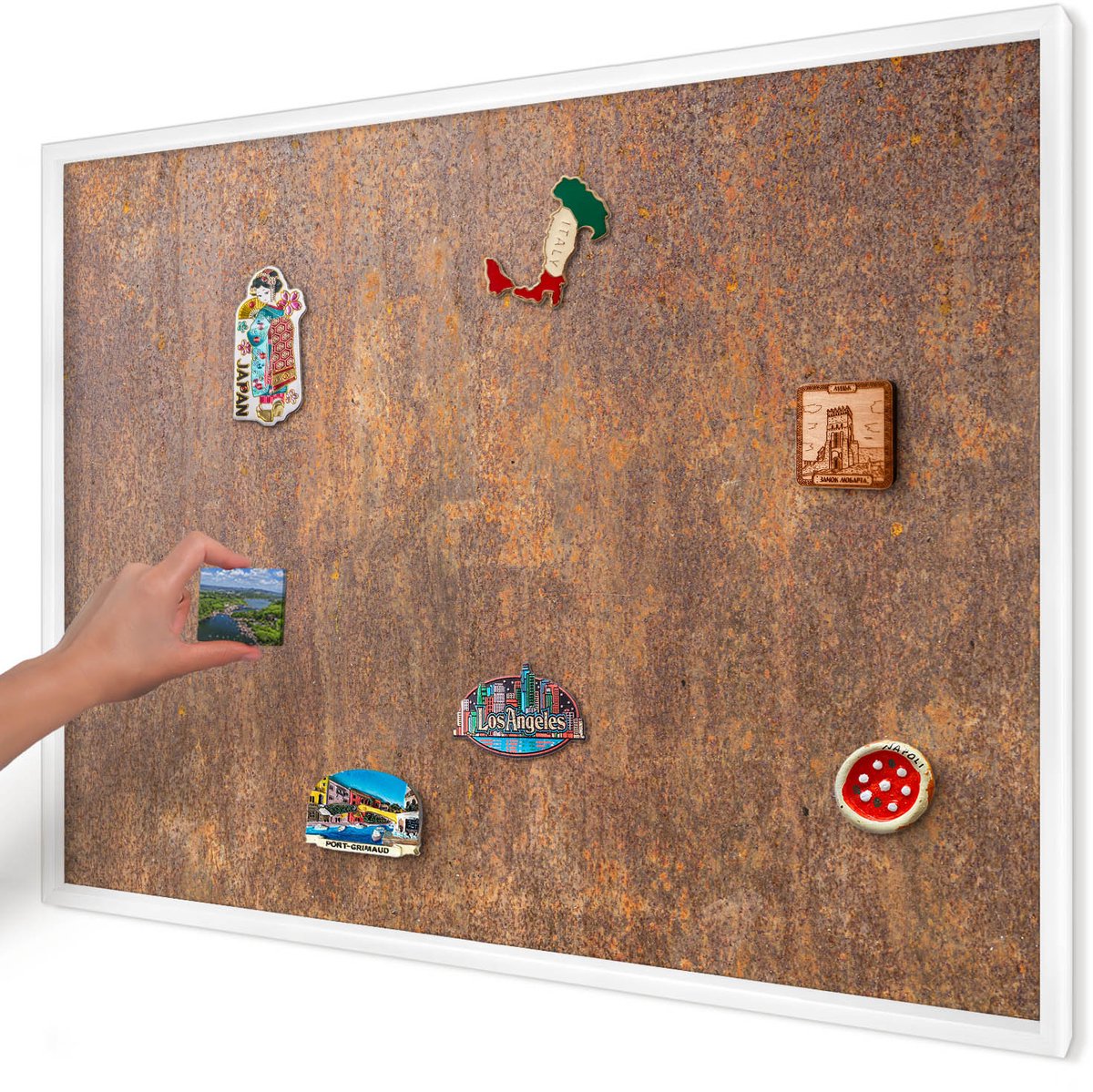 Artprintcave Bruin Magneetbord mit Witte Lijst - 100x70 cm - Roestige Elegantie Magnetisch Bord Voor Magneten - Industrieel/Loft Memobord Keuken - Texturen