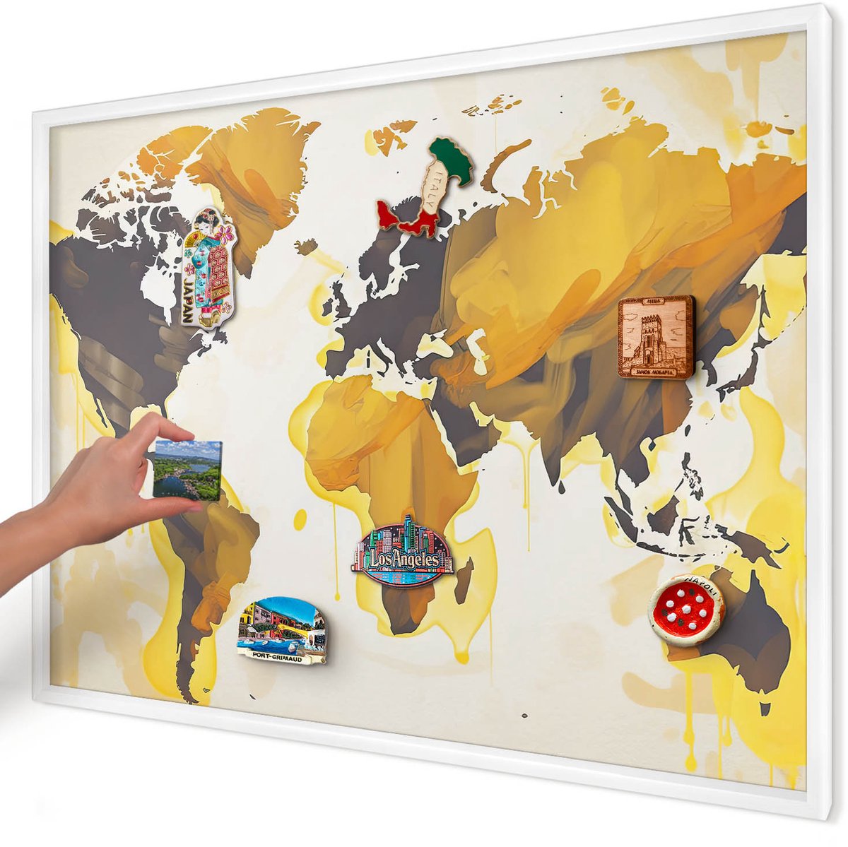 Artprintcave Geel Magneetbord mit Witte Lijst - 100x70 cm - Wereldkaart Memobord Keuken - Abstract Bord Voor Magneten - Kaarten