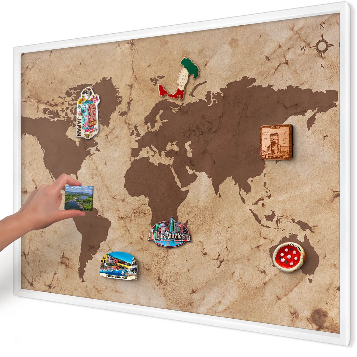 Artprintcave Bruin Magneetbord mit Witte Lijst - 100x70 cm - Wereldkaart Magnetische Organizer - Vintage Wandbord Magnetisch - Kaarten