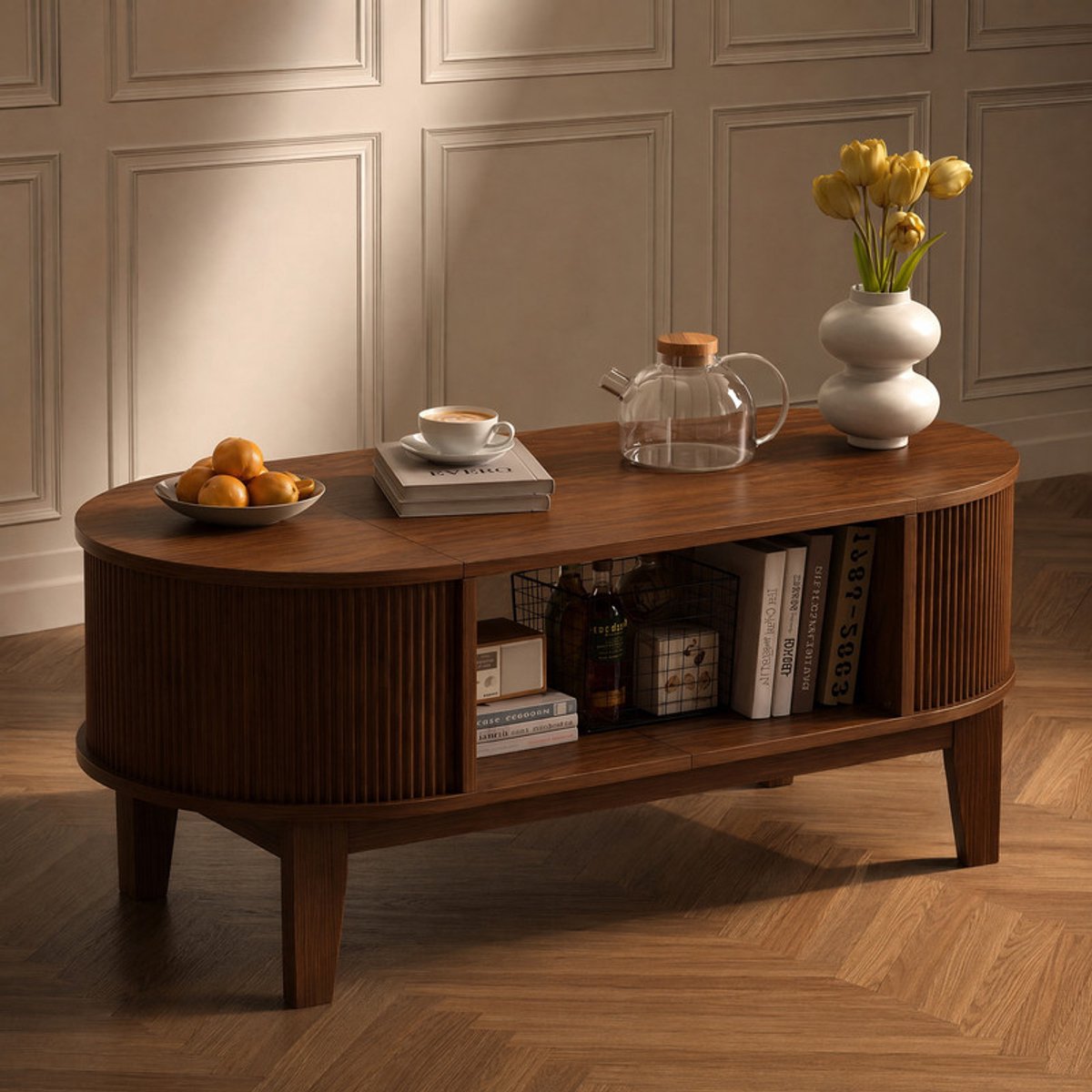Salontafel 100x50 cm Ovaal Walnootkleur – Koffietafel met 2 Opbergruimtes en Open Vak, Moderne Woonkamertafel