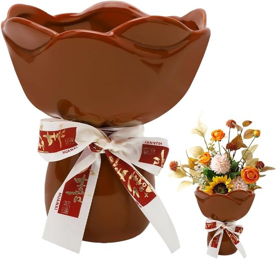 Kleurrijk boeket in keramische vaas - Decoratieve linten - 15 cm - Moderne woonkamer decoratie - Unieke tafelversiering - Tulpenvaas - Bruin keramiek - Bloemstukken