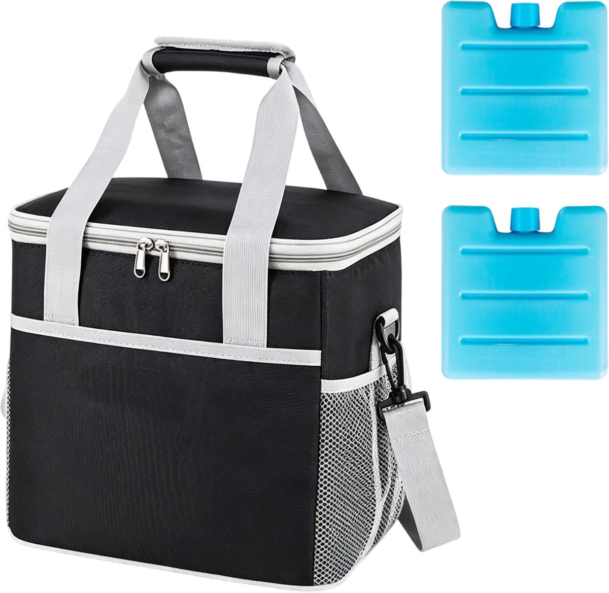 Fokelyi Koeltas 16 Liter - Geïsoleerde Lunchtas Met 5mm Katoen En Schouderband - Boodschappentassen Inclusief 2x 100ml Koelelementen - Lunchtas - Picknicktas - Zwart