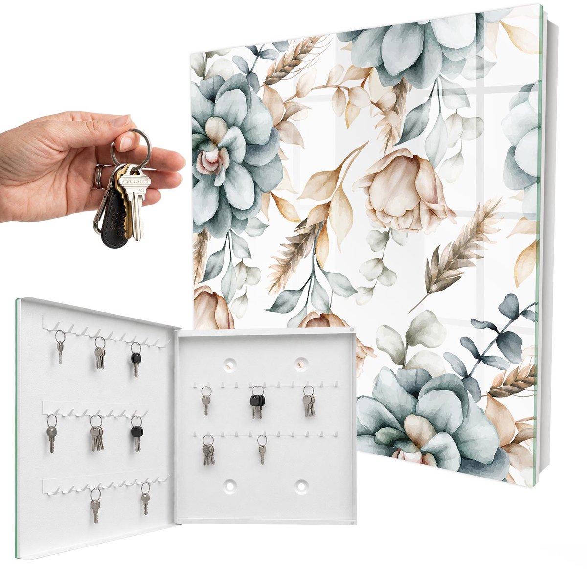 WallMuralia - Sleutelkast - 30x30x5 cm - met 50 haken - Aquarel Bloemen Sleutelkastje Modern - Wit Sleutelbox - Linksopenend - Wit interieur
