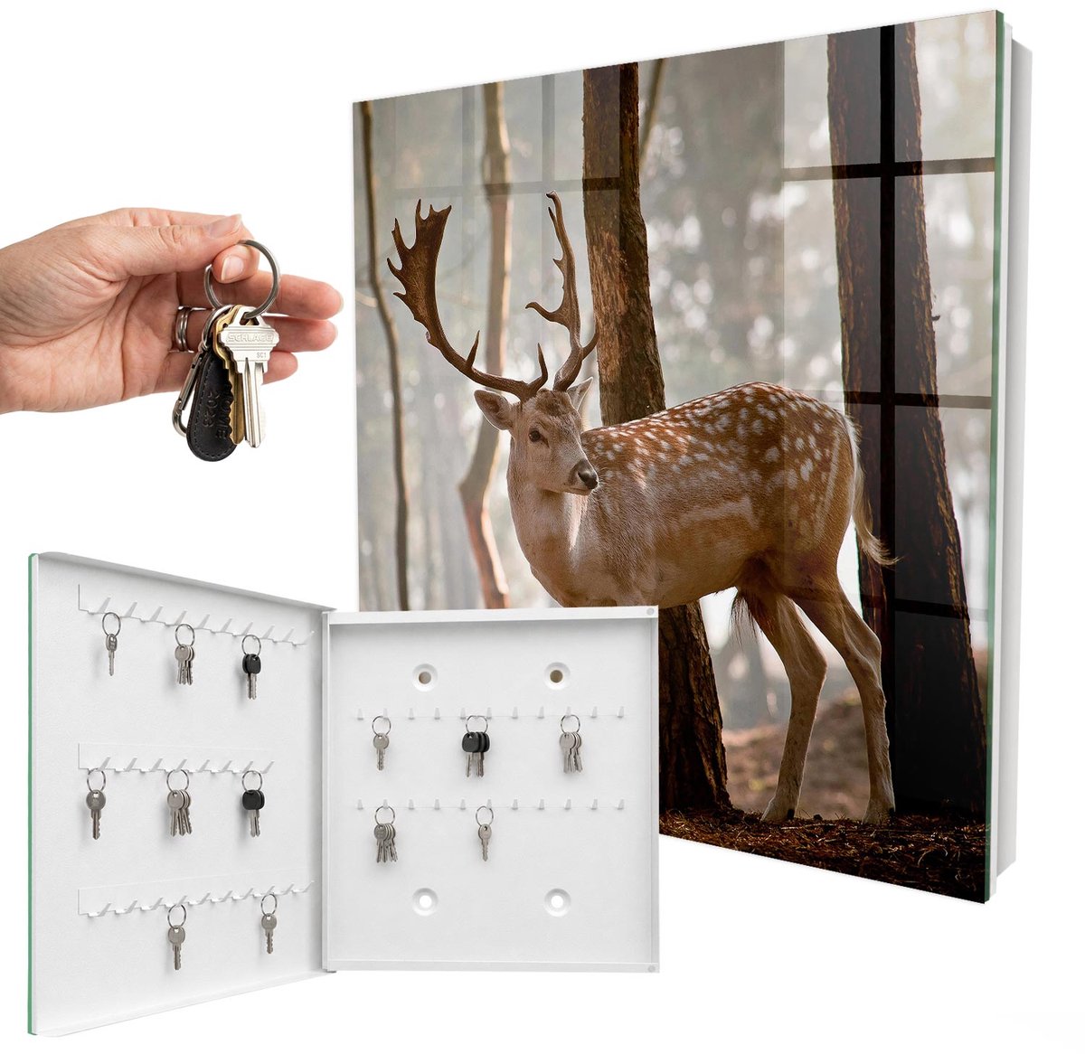 WallMuralia - Sleutelkast - 30x30x5 cm - met 50 haken - Herten In Het Bos Sleutelkastje Modern - Bruin Sleutelbox - Linksopenend - Wit interieur