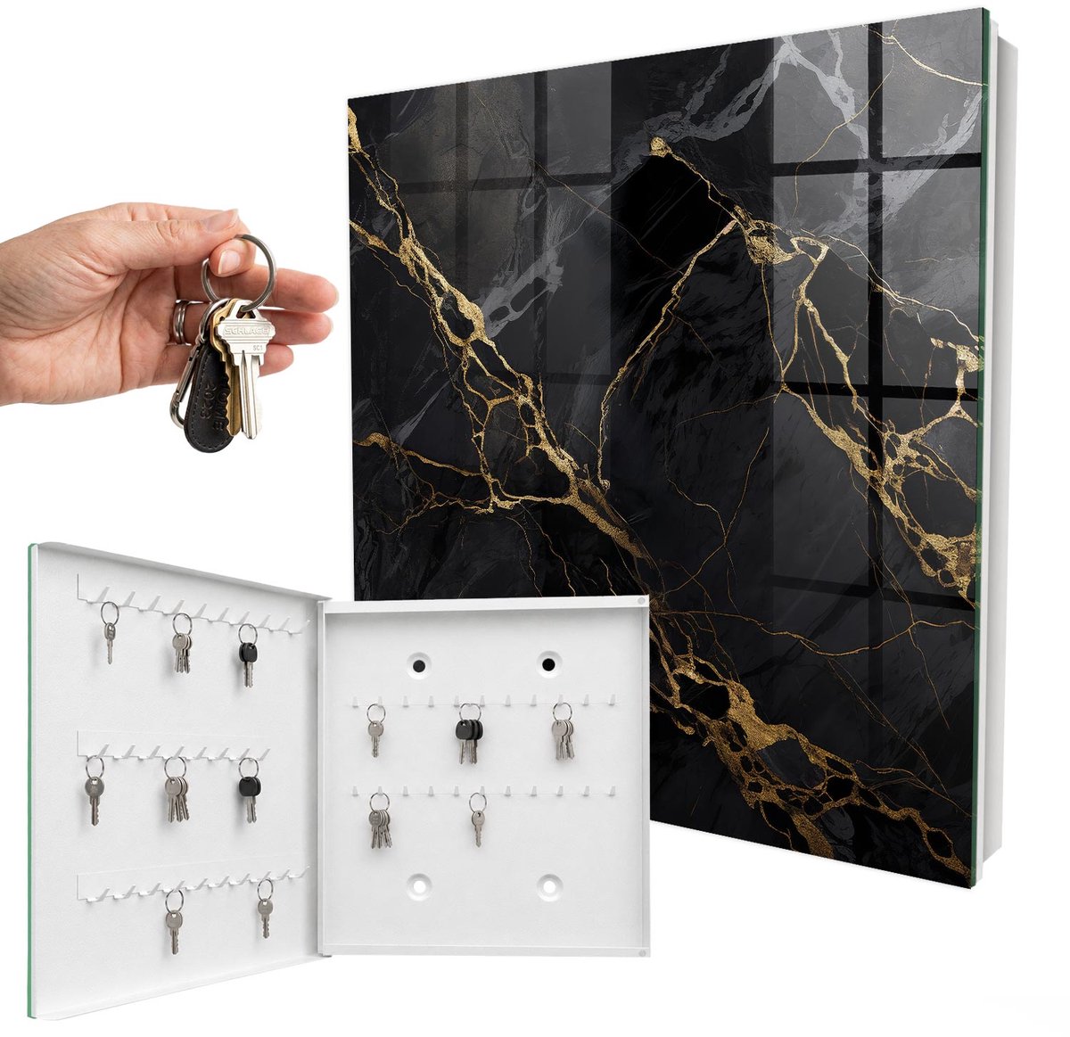 WallMuralia - Sleutelkast - 30x30x5 cm - met 50 haken - Elegant Patroon Sleutelkastje Voor Binnen - Zwart Sleutelbox - Linksopenend - Wit interieur