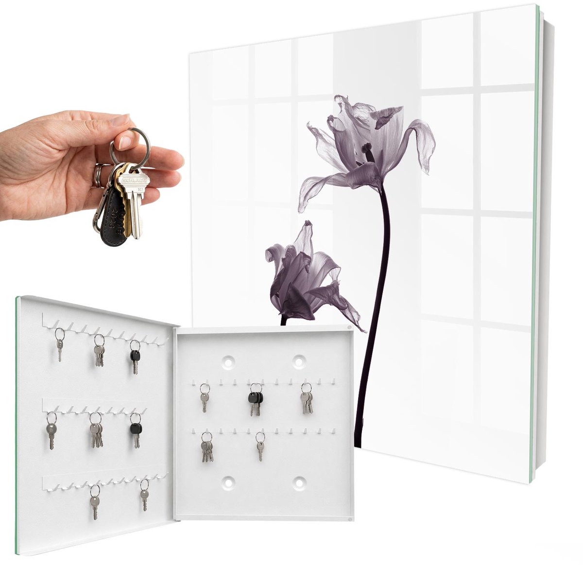 WallMuralia - Sleutelkast - 30x30x5 cm - met 50 haken - Minimalistische Bloemen Sleutelkastje Gang - Wit Sleutelbox - Linksopenend - Wit interieur