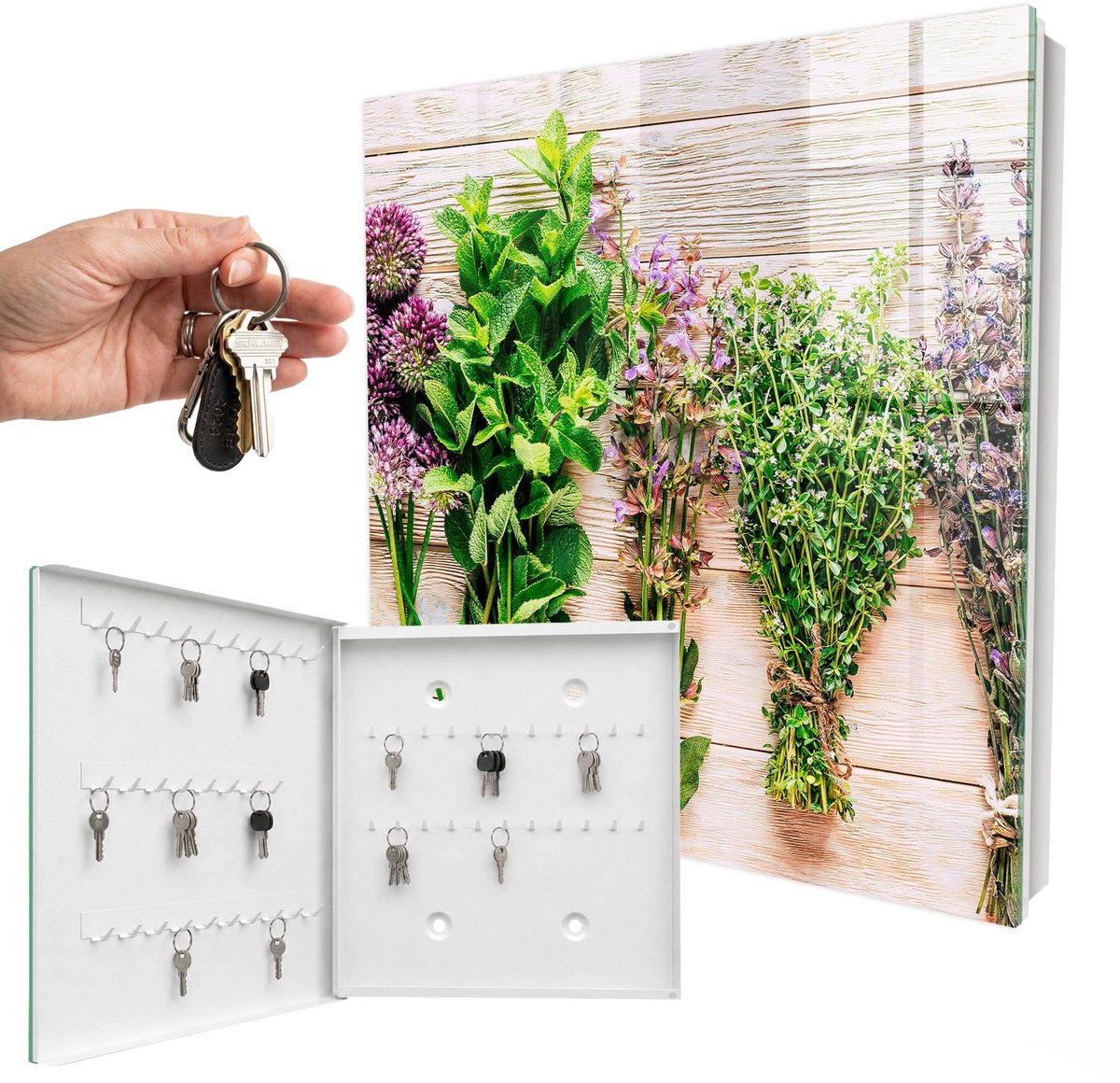 WallMuralia - Sleutelkast - 30x30x5 cm - met 50 haken - Groene Kruiden Sleutelkastje Design - Groente Sleutelbox - Linksopenend - Wit interieur