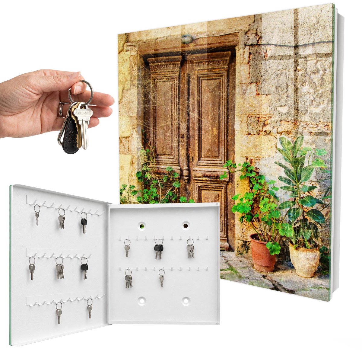 WallMuralia - Sleutelkast - 30x30x5 cm - met 50 haken - Rustieke Deuren Sleutelkastje Gang - Bruin Sleutelbox - Linksopenend - Wit interieur