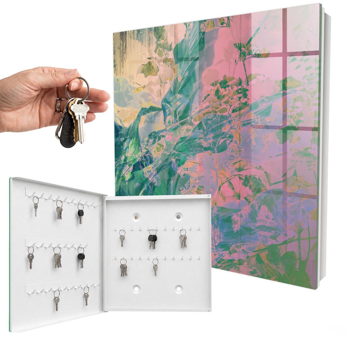 WallMuralia - Sleutelkast - 30x30x5 cm - met 50 haken - Plantenabstractie Design Sleutelkastje - Groente Sleutelbox - Linksopenend - Wit interieur