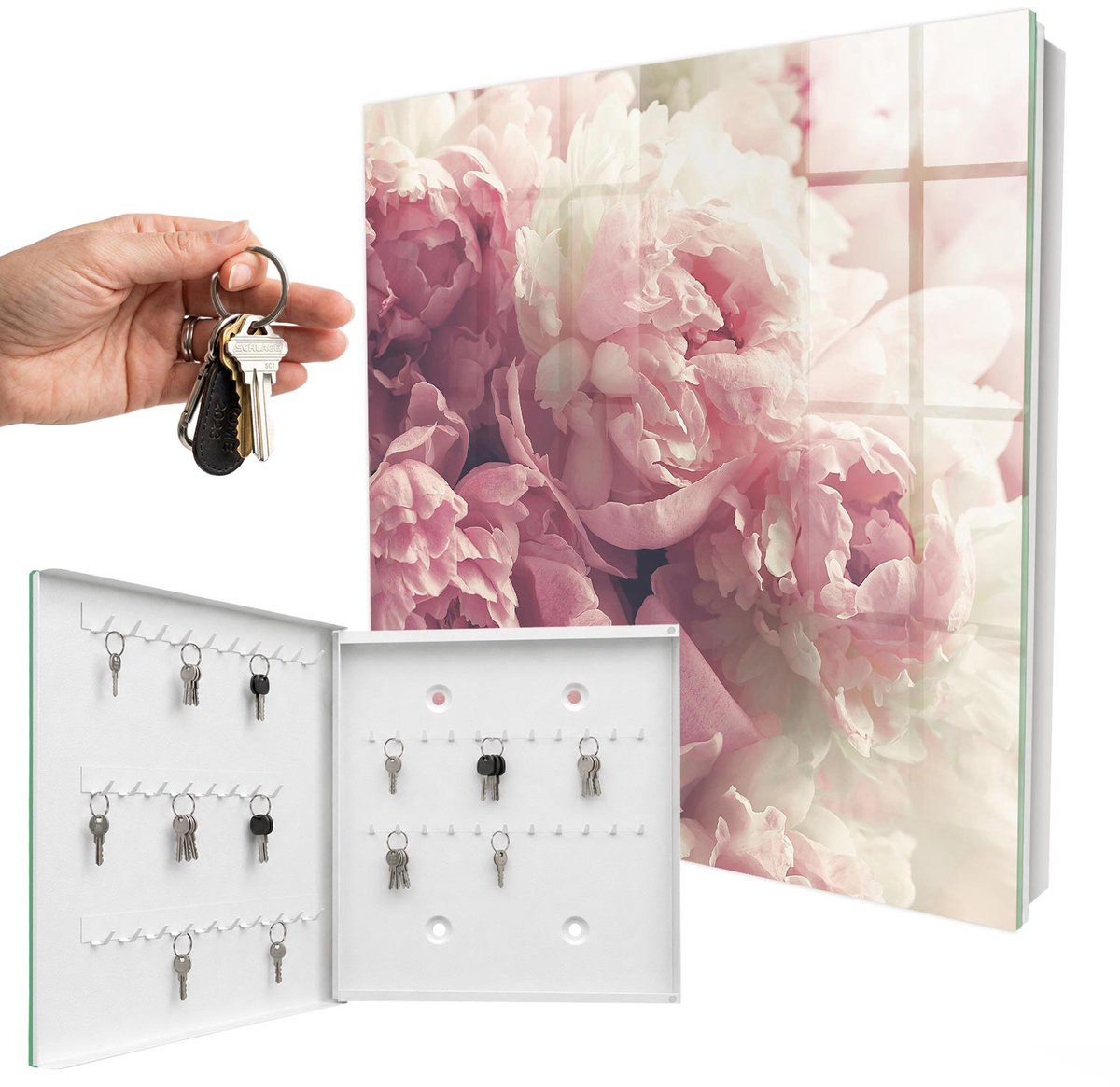 WallMuralia - Sleutelkast - 30x30x5 cm - met 50 haken - Pioenbloemen Sleutelkastje Voor Binnen - Roze Sleutelbox - Linksopenend - Wit interieur