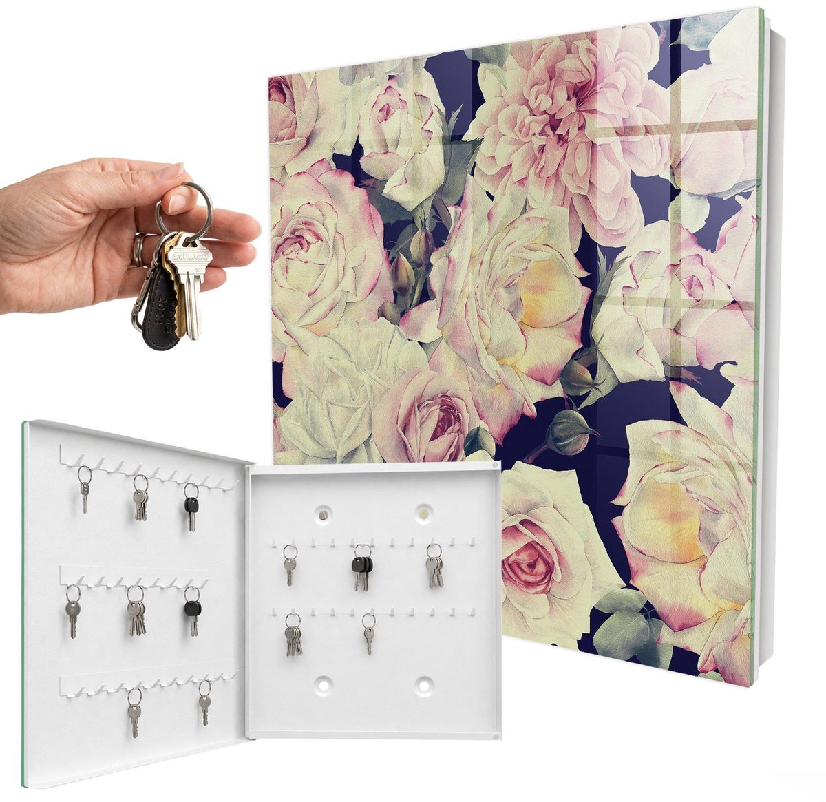 WallMuralia - Sleutelkast - 30x30x5 cm - met 50 haken - Bloemige Elegantie Design Sleutelkastje - Roze Sleutelbox - Linksopenend - Wit interieur
