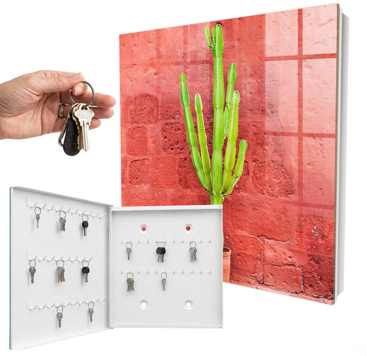 WallMuralia - Sleutelkast - 30x30x5 cm - met 50 haken - Groene Cactus Design Sleutelkastje - Rood Sleutelbox - Linksopenend - Wit interieur