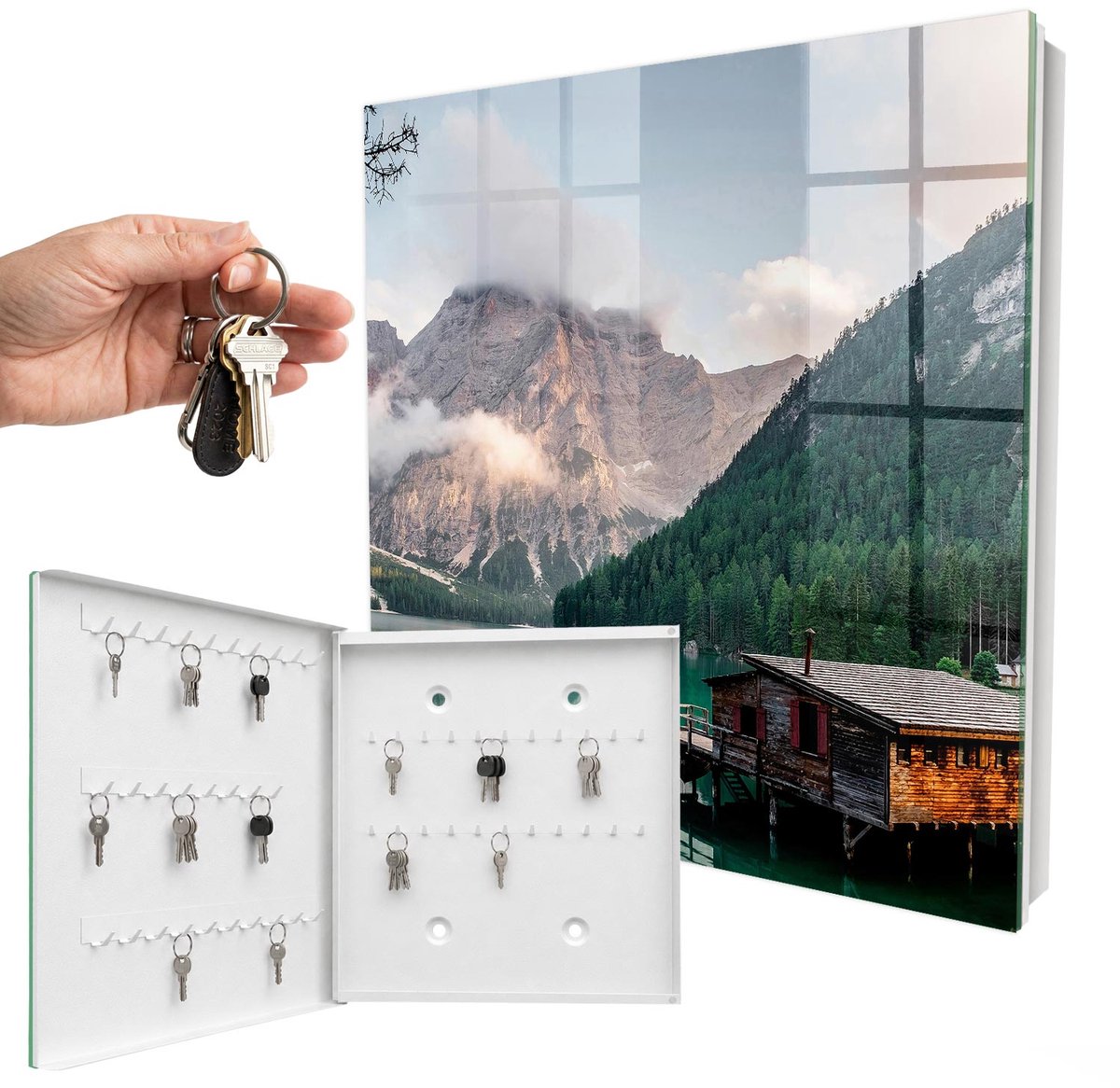 WallMuralia - Sleutelkast - 30x30x5 cm - met 50 haken - Bergmagie Sleutelkastje - Groente Sleutelbox - Linksopenend - Wit interieur
