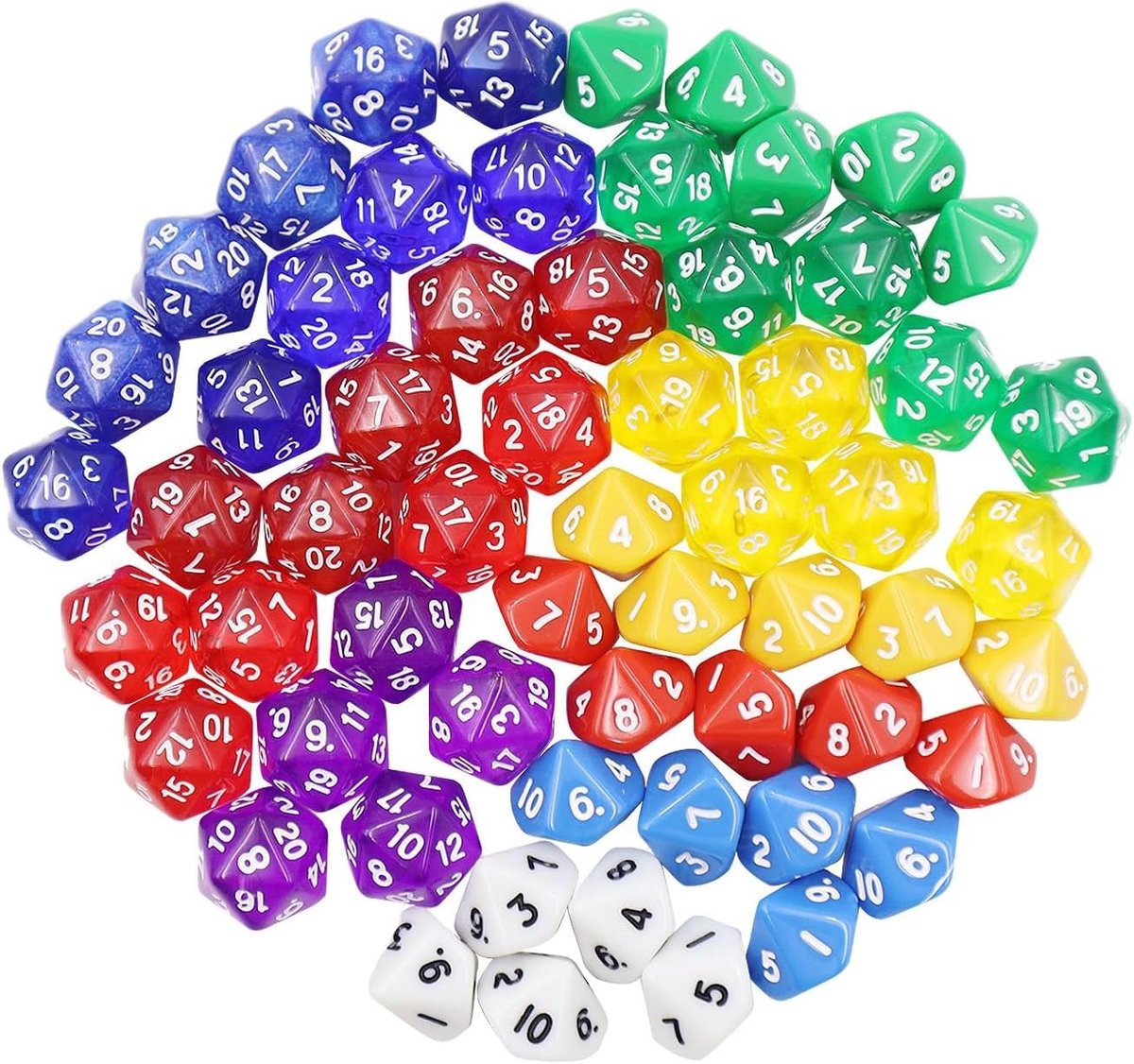 Set van 60 Multicolour Transparante Polyhedral Dobbelstenen met 10 Bladzijden voor Rollenspellen, Bordspellen en Kaartspellen