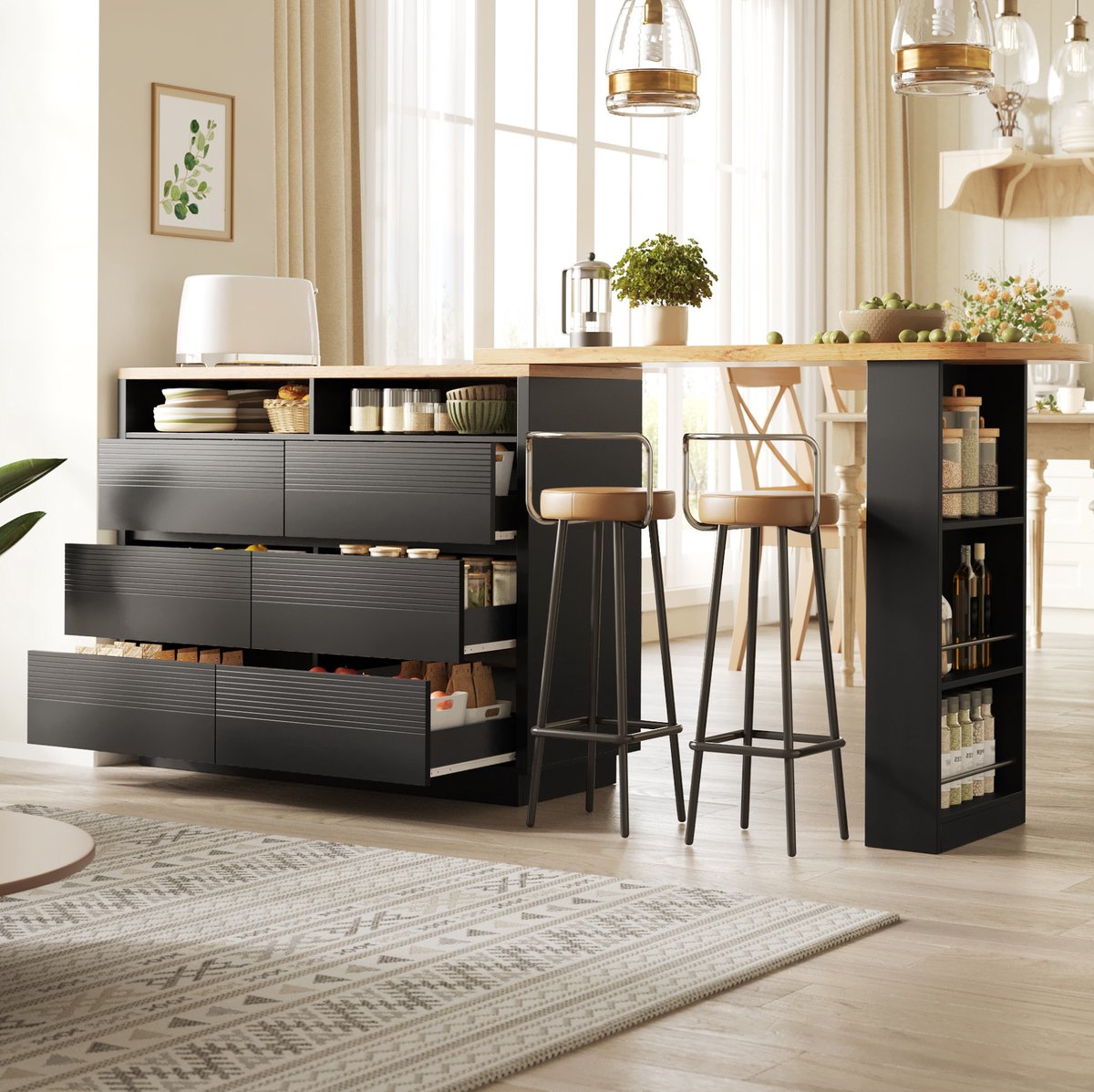 Bartafel Uitschuifbaar met 6 Lades – 137-215 x 39 x 102,3 cm – MDF – Zwart – Mobiele Keukentafel