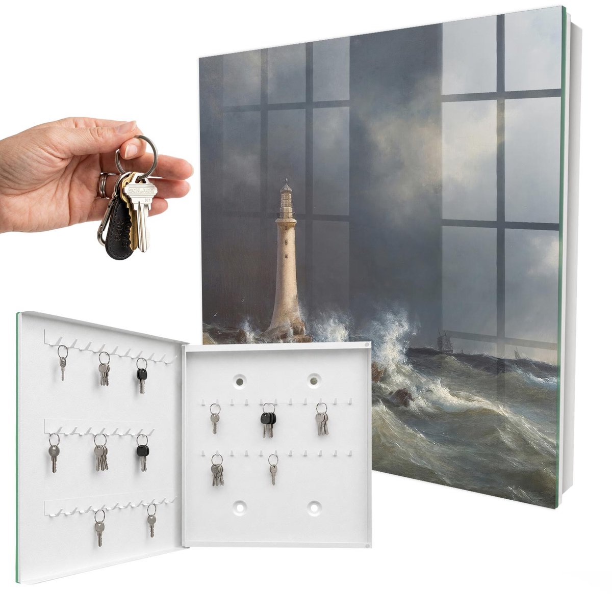 WallMuralia - Sleutelkast - 30x30x5 cm - met 50 haken - Stormachtige Zee Sleutelkastje Klein - Grijs Sleutelbox - Linksopenend - Wit interieur