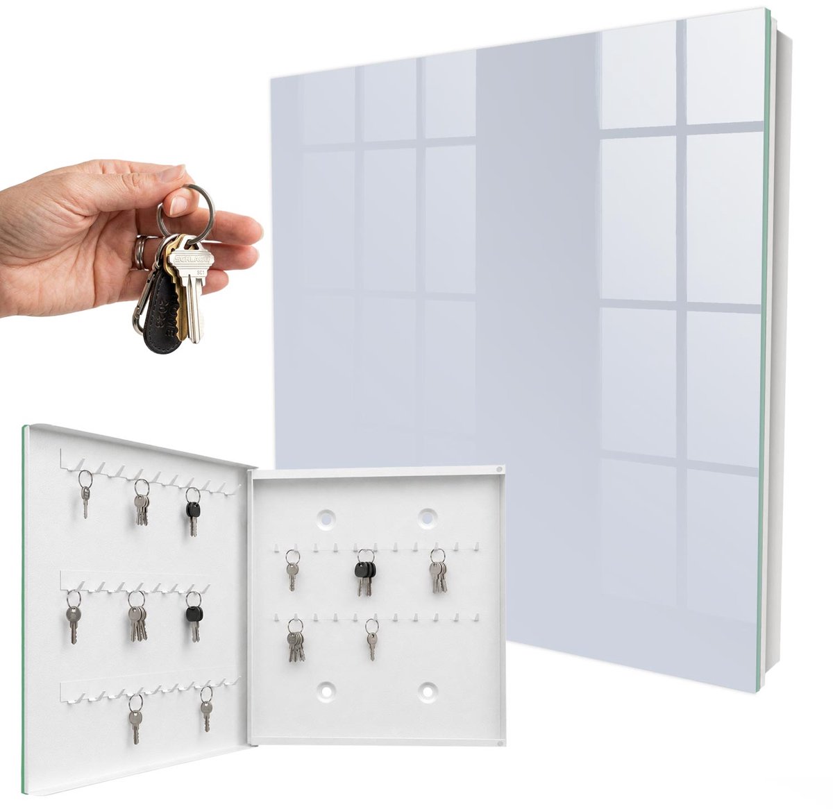 WallMuralia - Sleutelkast - 30x30x5 cm - met 50 haken - Grijsblauw Sleutelkastje Muur - Grijs Sleutelbox - Linksopenend - Wit interieur