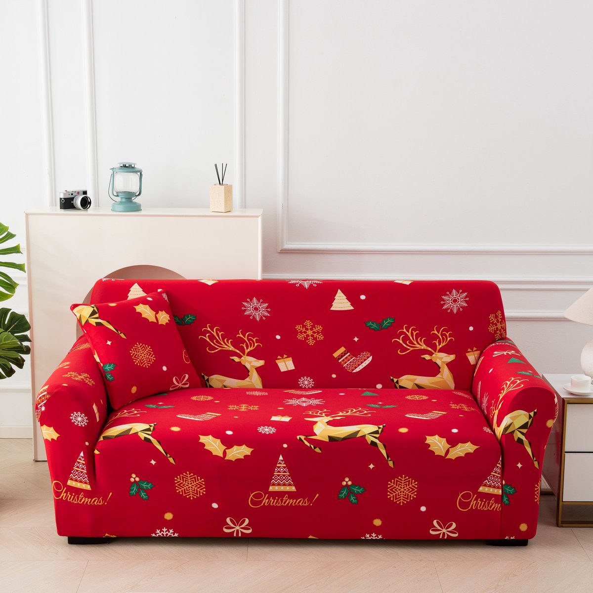 Kerst Bankhoes – Elastische Stretch Bankovertrek – Antislip & Wasbaar – Volledige Bescherming – Kerstprints – Rood – Voor 2-Zits Bank – 145–185 cm – 1 Stuk