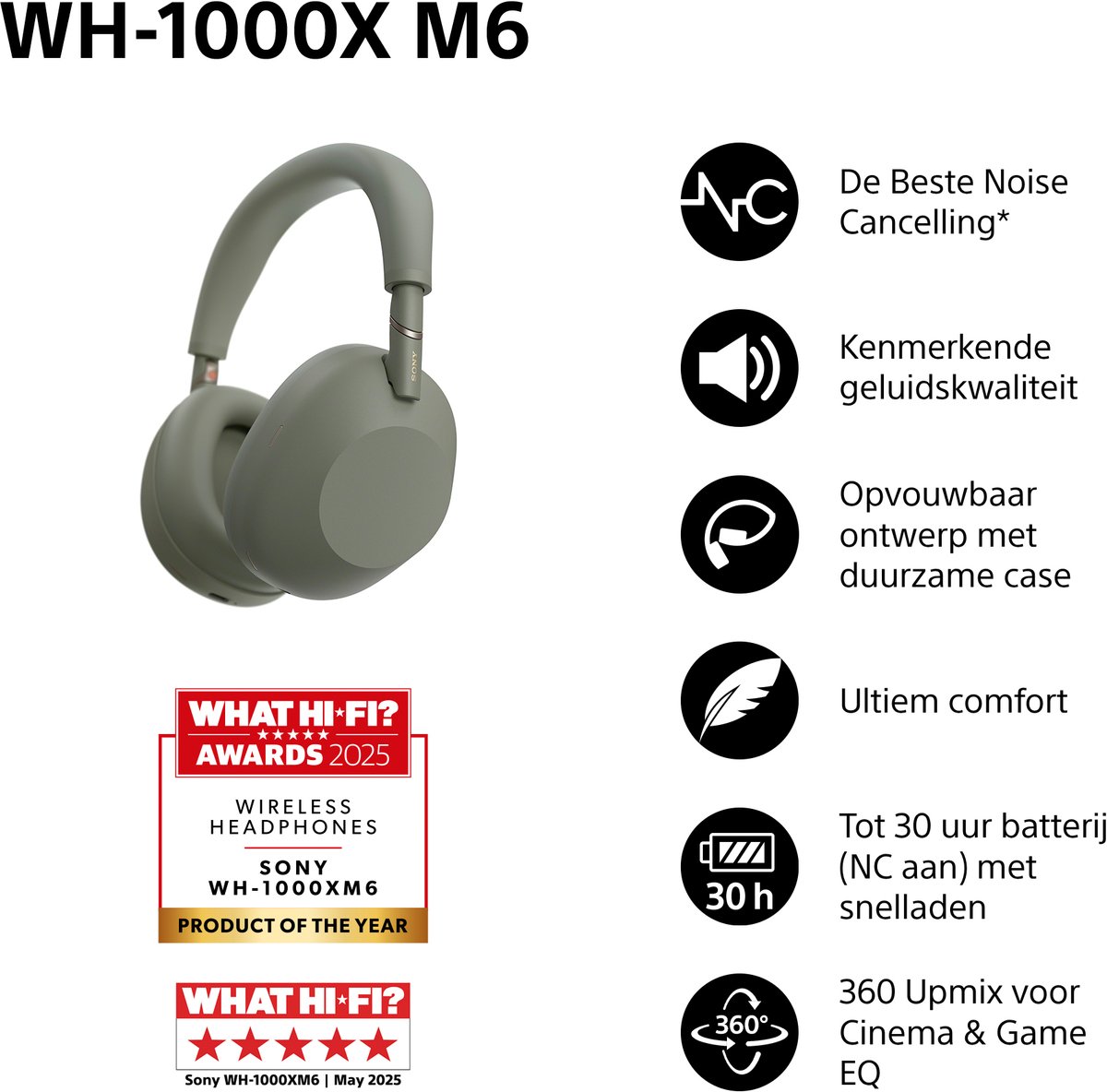 Sony WH-1000XM6 - Draadloze koptelefoon met Noise Cancelling - Olijfgroen — cadeau in Elektronica - foto 6
