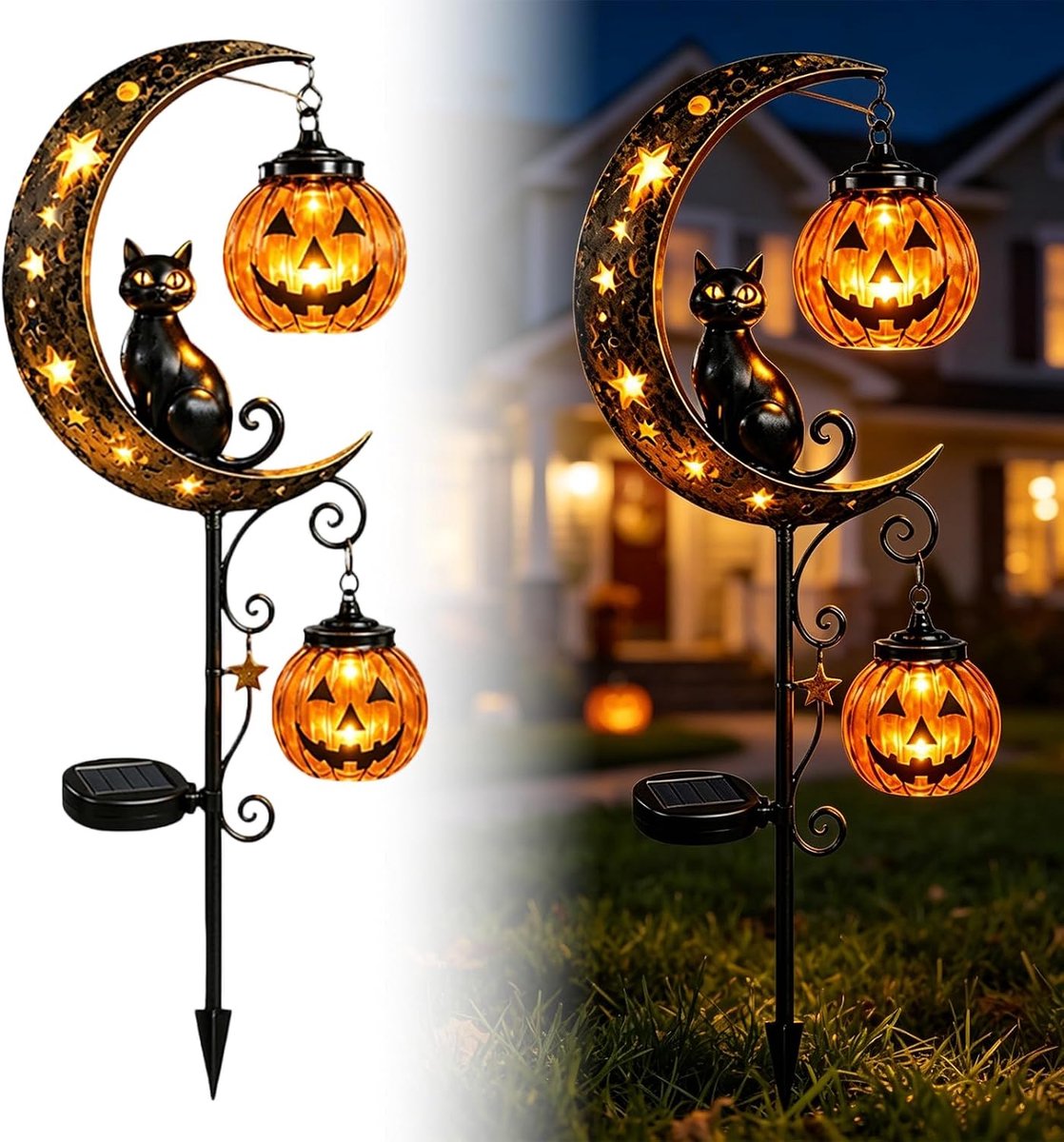 Halloween Lamp met Grondspies - Halloween LED-zonnelampen - Versierd met zwart kat en pompoenmaan - Tuinverlichting - Tuindecoratie - Tuinsteker - Geschikt voor gazon, tuin, pad Nachtverlichting - 87x17x6cm