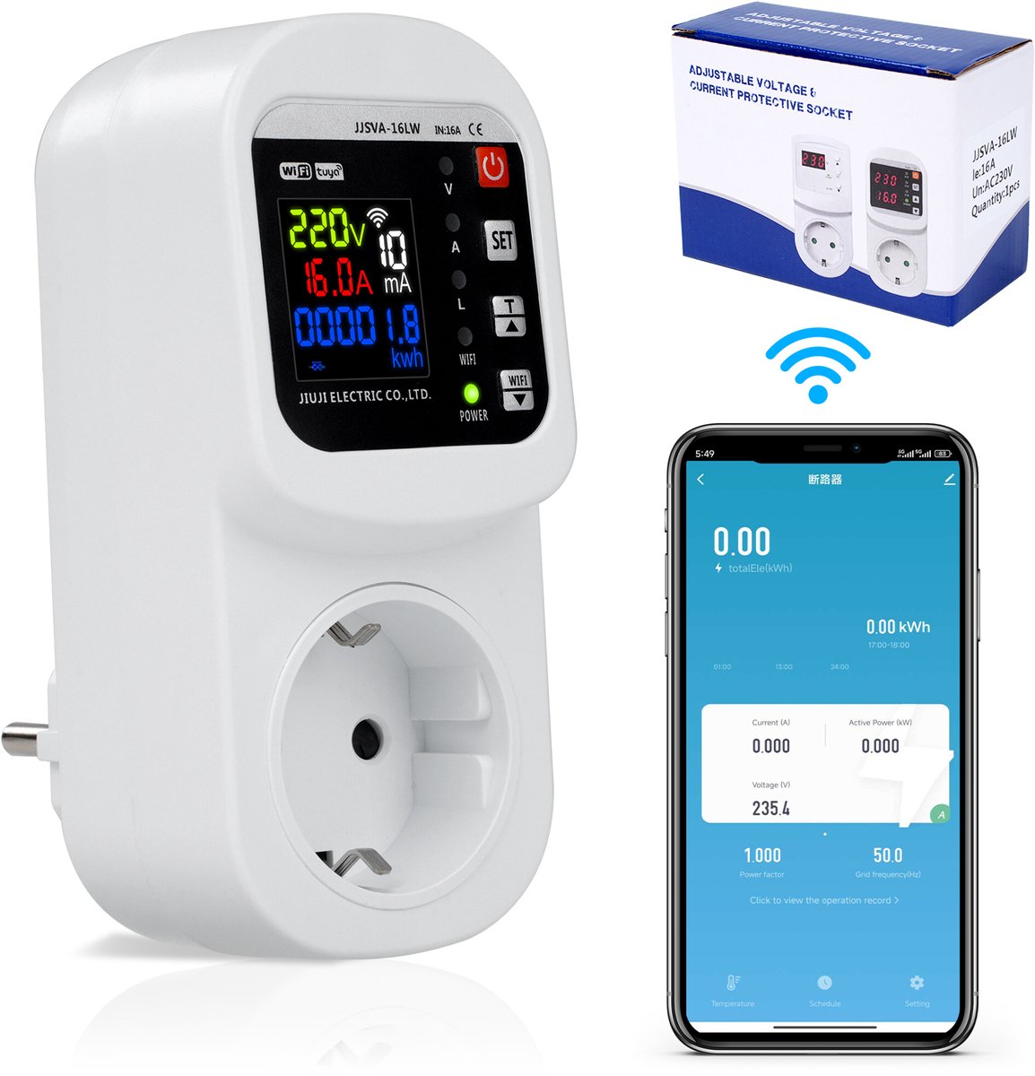 WiFi slimme stekker met energiemeter 230VAC – instelbare beveiliging 16A - Stekkeradapter - Surge Protection Socket - Automatisch spanningsbeveiligingsstopcontact