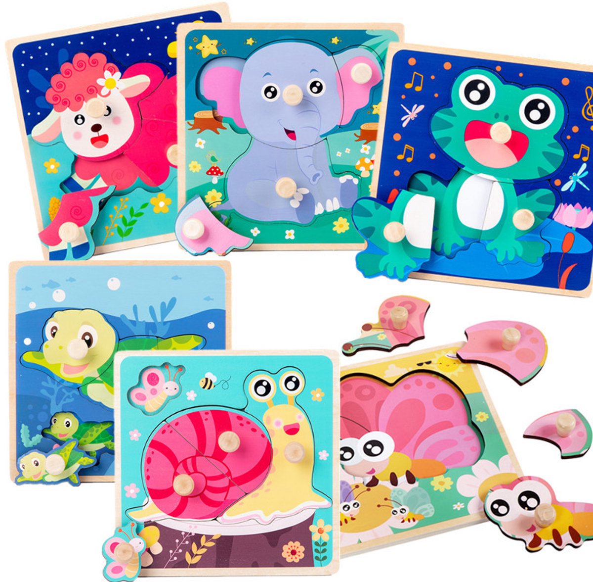 Houten Legpuzzel - 6 Stuks - Educatieve Legpuzzel - 3D Dierenpuzzel - Montessori Speelgoed - voor Kinderen van 1 tot 5 Jaar